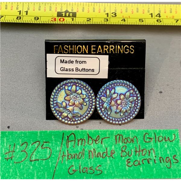 Pair of Handmade Amber Moon Glow Carnival Glass Button Earrings