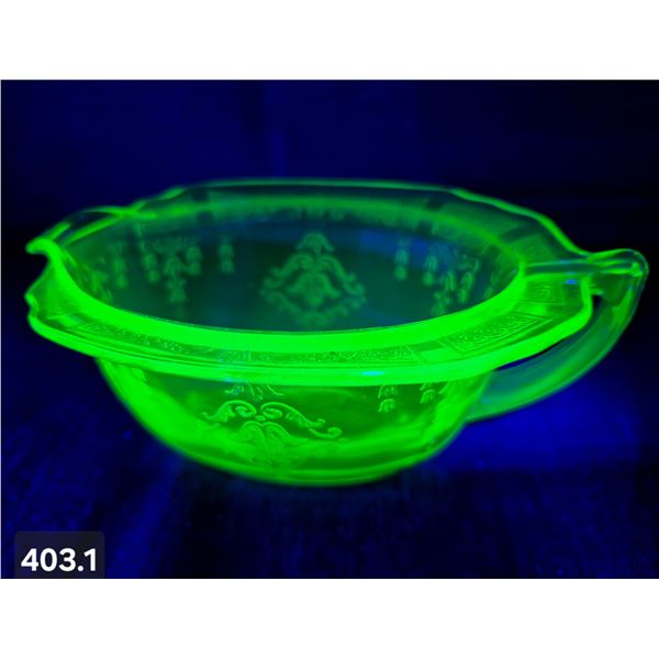 Uranium glass oval creamer, 2 1/2 x 5 1/2 inches, no damage, glows!