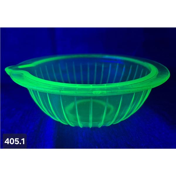 Uranium glass round ribbed and spouted bowl, 7 1/2 inches across, few nics on edge, glows!