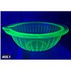 Image 1 : Uranium glass round ribbed and spouted bowl, 7 1/2 inches across, few nics on edge, glows!
