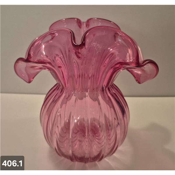 Vintage cranberry glass vase, 8 inches tall, no damage, hand blown w/pontil