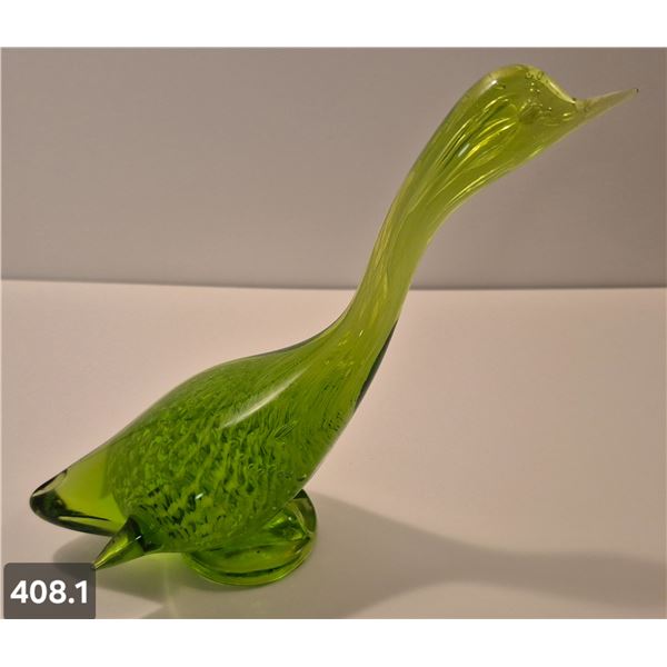 Green Altaglass art glass duck w/label, no damage, 9 inches tail to beak