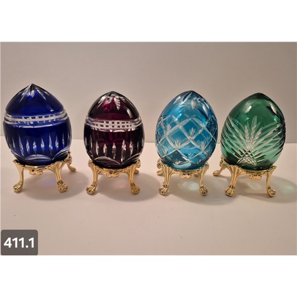 Group of 4 Bohemian cut glass eggs on 24k gold-plated stands