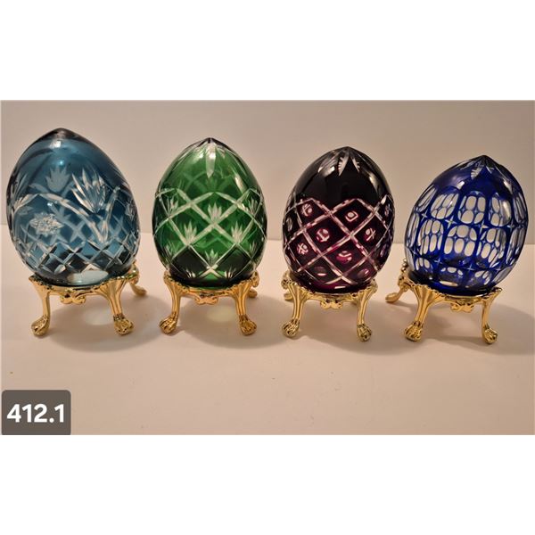 Group of 4 Bohemian cut glass eggs on 24k gold-plated stands