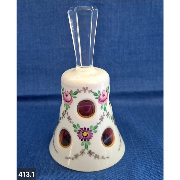 Vintage  Bohemian cut-glass bell, cranberry and white glass, enamelled, 5 1/4 inches tall