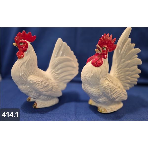 Pair of mid-century kitchen decor pottery roosters, 8 inches tall, good condition