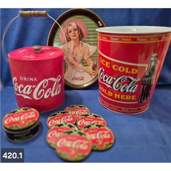 4 Coca Cola (Coke) items, set of 6 coasters, tray, ice bucket, waste paper basket