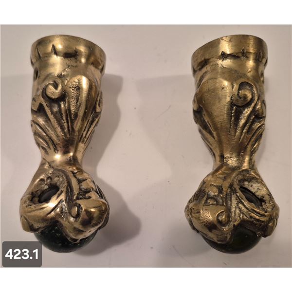 Pair of solid brass and glass ball & claw table/stool feet 3 3/4 inches
