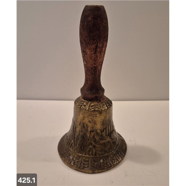 Antique decorated brass bell with original gonger, 6 1/2 inches tall