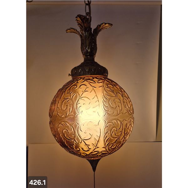 MCM Hollywood Regency hanging amber swag lamp with original light diffuser inside, works