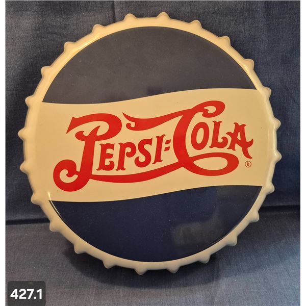 Pepsi-Cola 14 inch Double-Dot bottle cap sign with hanger, repro