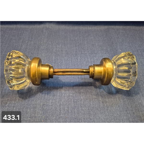Set of 2 antique glass door knobs with threaded rod, good shape