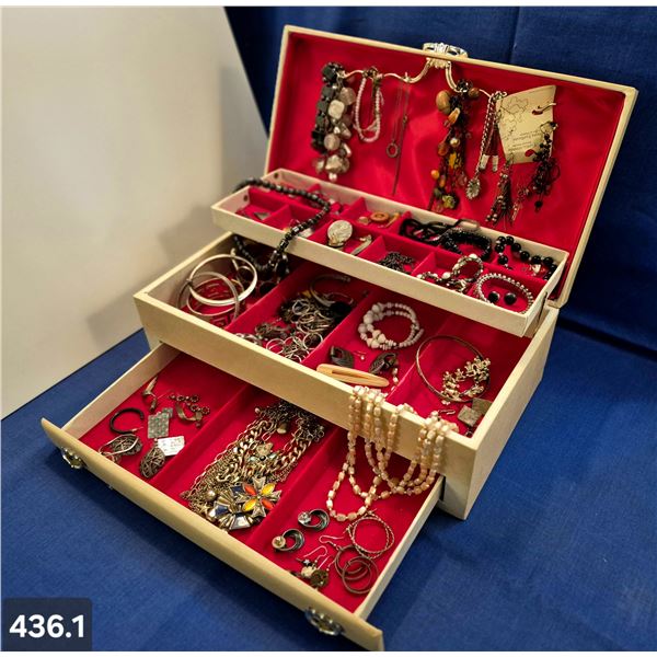 Large vintage jewelry box with contents, mostly heavy glass jewelry