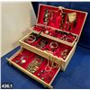 Image 1 : Large vintage jewelry box with contents, mostly heavy glass jewelry