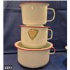 Image 1 : Set of 3 graduating sized red/white enamel pots, w/original label, 6 1/2, 7 1/2, & 9 1/2 inches acro