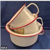 Image 3 : Set of 3 graduating sized red/white enamel pots, w/original label, 6 1/2, 7 1/2, & 9 1/2 inches acro