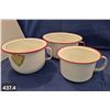 Image 4 : Set of 3 graduating sized red/white enamel pots, w/original label, 6 1/2, 7 1/2, & 9 1/2 inches acro