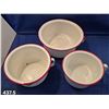 Image 5 : Set of 3 graduating sized red/white enamel pots, w/original label, 6 1/2, 7 1/2, & 9 1/2 inches acro