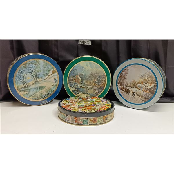 (3) Currier & Ives Tins, (1) Peek Frean Tin