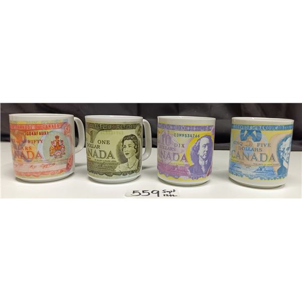 (4) Vintage Canadian Currency Mugs - $1, $5, &10, $50