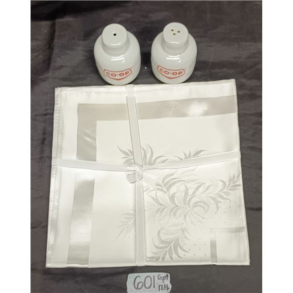 Co-Op Collectable Salt & Pepper Shakers, (2) NOS Cloth Napkins