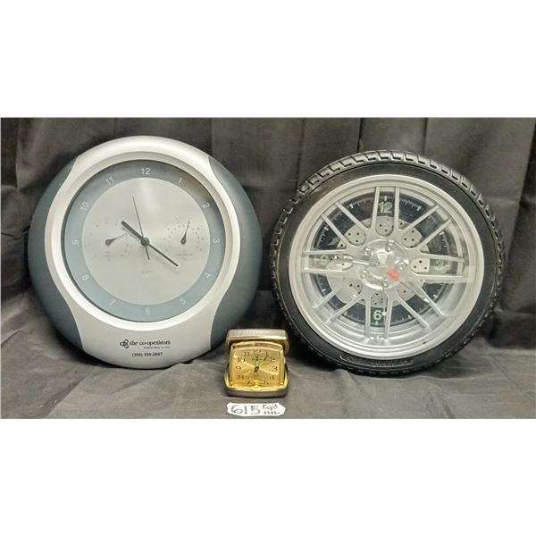 Co-Operators Clock (Not Working), Bulova Travel Alarm Clock, Rubber Tire Clock (Second-Hand Falls)