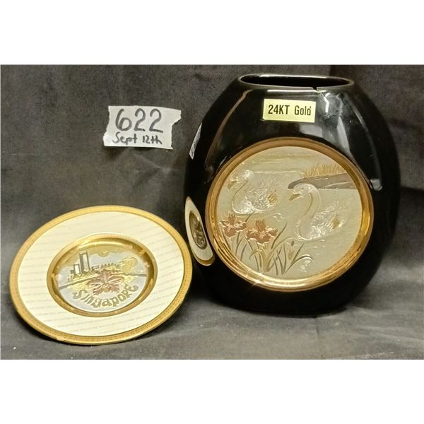Vase (has crack at top) & Decorative Plate – Both Have 24k Gold Decorative Trim