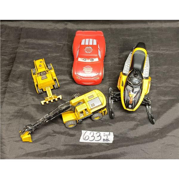 Toy Vehicle Lot – Skidoo Bombardier, Lightning McQueen, Excavator, Crawler (Broken)