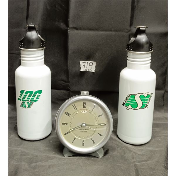 (2) Sask Roughrider Water Bottles, Baby Ben Westclox Desk Clock