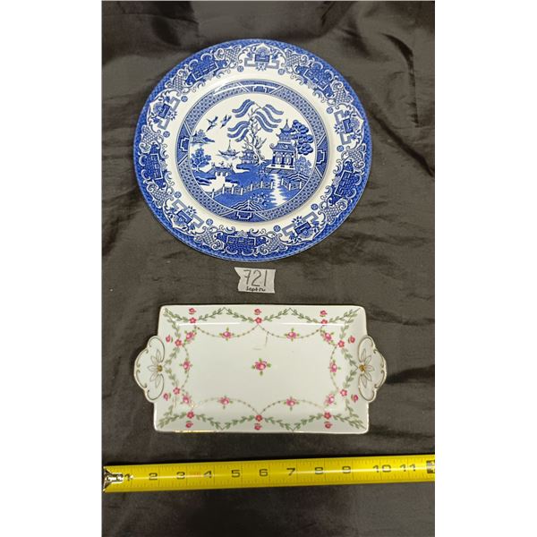 Blue Willow English Ironstone Plate & Royal Elfreda (?) Small Serving Tray