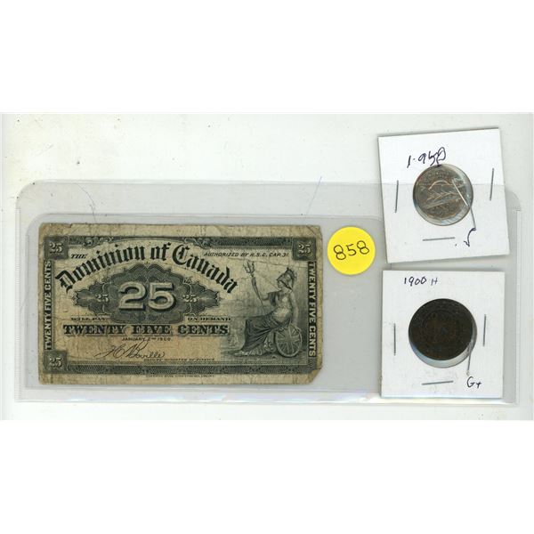 1900 Dominion of Canada 25 Cents Shinplaster, 1950 Canada 5 Cents and 1900-H Canada One Cent.