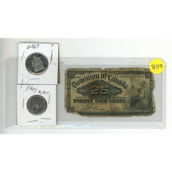 1900 Dominion of Canada 25 Cents Shinplaster, 1973 RCMP Canadian 25 Cents and 2023 Caadian 50 Cents.