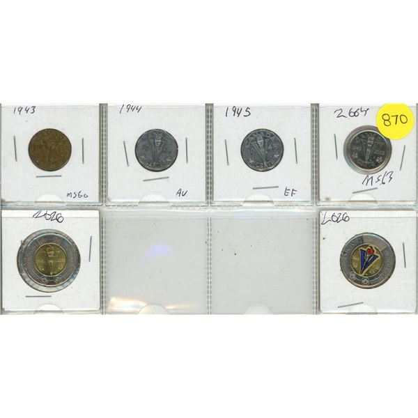1943, 1944, 1945, 2005 Canada Victory 5 Cents and 2026 Victory Canada Two Dollars - Coloured and Unc