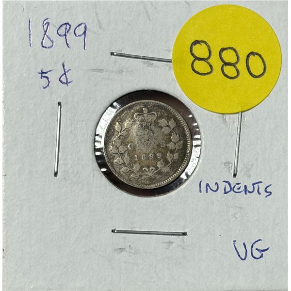 1899 Indents Canada Silver 5 Cents.