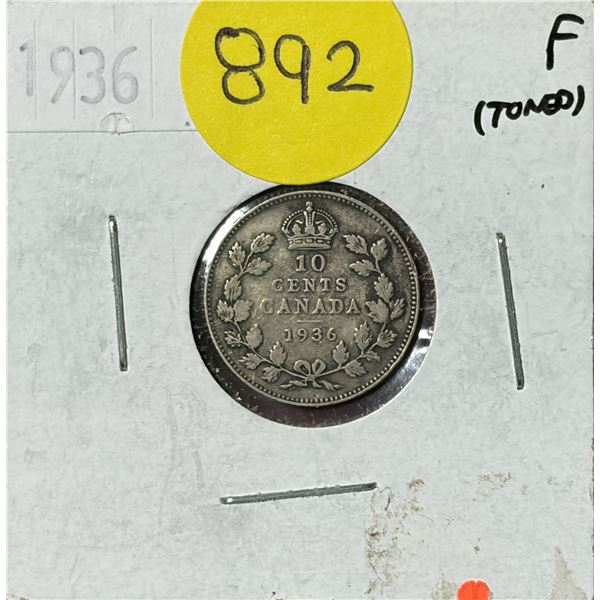 1936 Canada Silver 10 Cents.