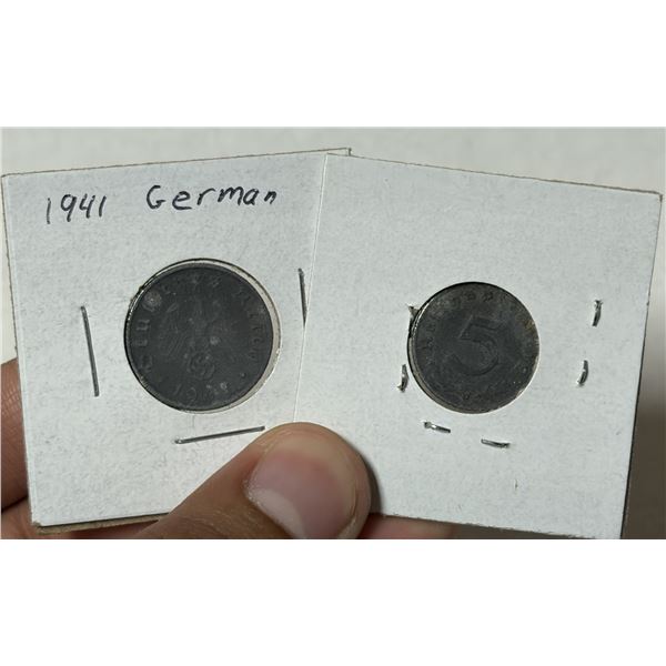 1940 Nazi German 5 Reichspfennig and 1941 Nazi German 10 Reichspfennig.