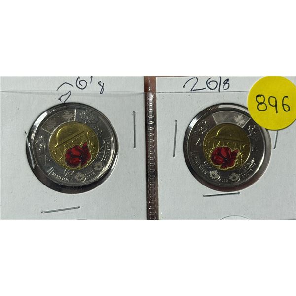 (2) 2018 Canada Coloured 'Armistice" Two Dollar Coins.