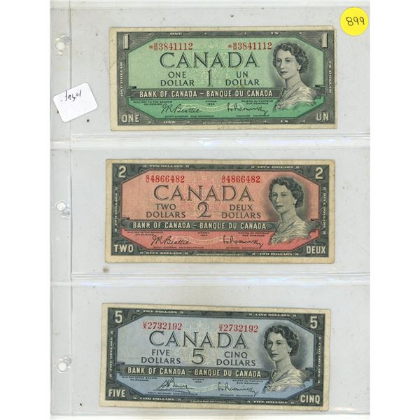 1954 Canada One, Two, and Five Dollar Coins.