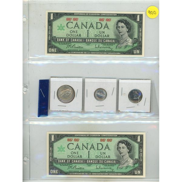 (2) 1967 Canada Uncirculated One Dollar, 1967 Canada 25 Cents Silver, 10 Cents Silver and 5 Cents.