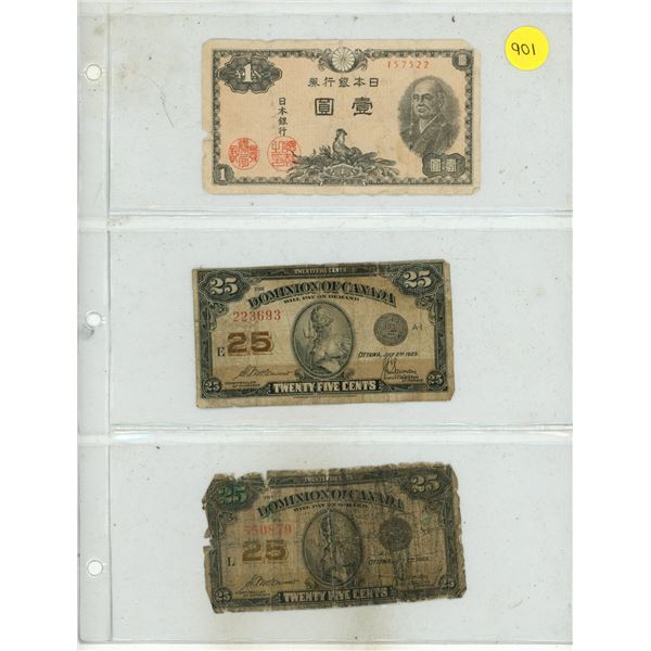 (2) 1923 Dominion of Canada 25 Cents Shinplaster and Japan 1 Yen Banknote.