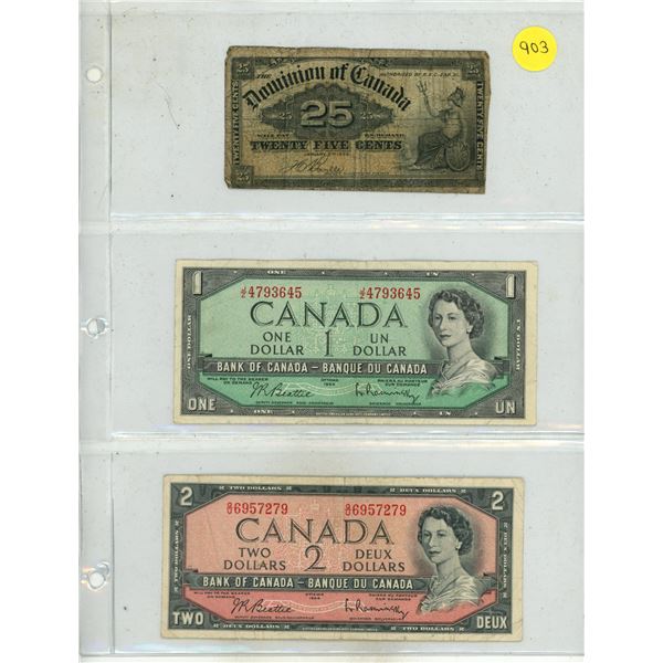 1900 Dominion of Canada 25 Cents Shinplaster, 1954 Canada One and Two Dollars.