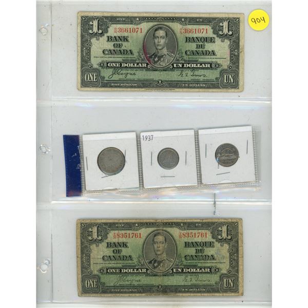 (2) 1937 Canada One Dollars, 1937 Canada 25 Cents Silver, 10 Cents Silver and 1937 Canada DOT After 