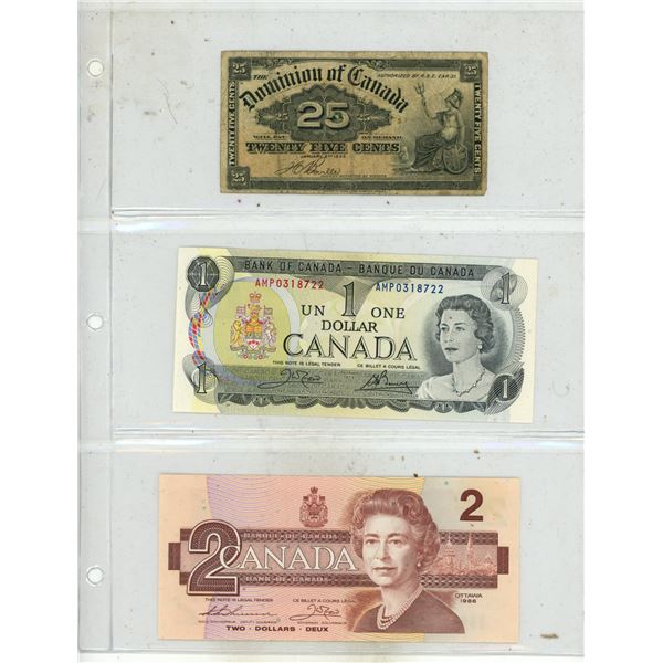 1900 Dominion of Canada 25 Cents Shinplaster, 1973 Canada Uncirculated One Dollar and 1986 Canada Un