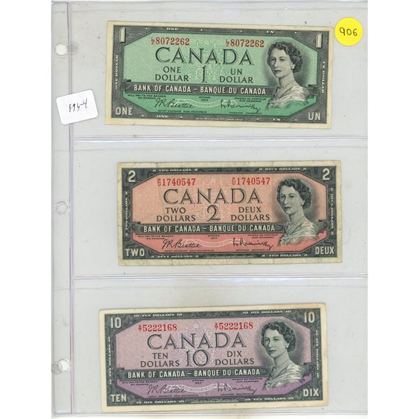 1954 Canada One, Two and Ten Dollar.