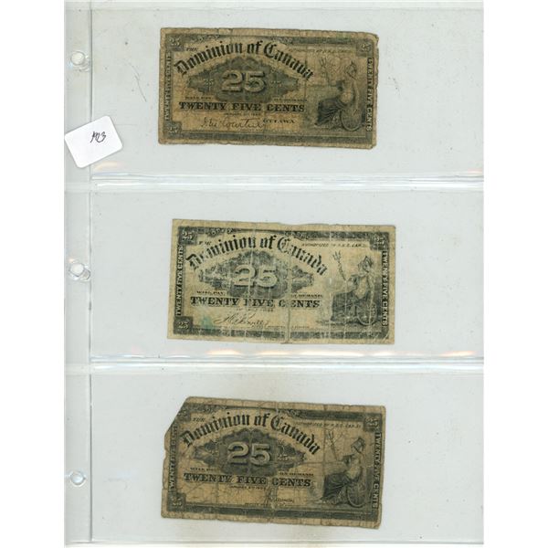 (3) 1900 Dominion of Canada 25 Cents Shinplasters.