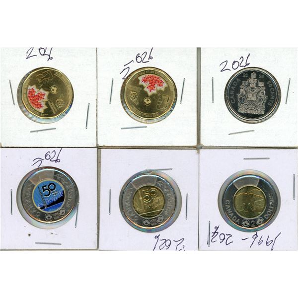 (2) 2026 Canada FIFA World Cup Coloured One Dollar, 2026 Canada Proof Like Fifty Cents and Two Dolla