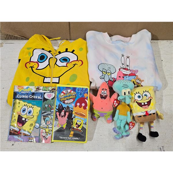 Sponge Bob Lot inc. (2) Sweatshirts (Lrg), (3) Ty Plush Figures, Movie & Comic