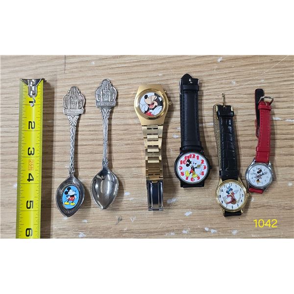 (4) Mickey Mouse Watches, (2) Disney Collector Spoons
