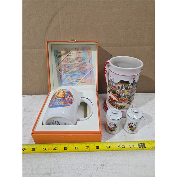 (2) Disney Collectors Mugs, Disney Salt & Pepper Shaker Set