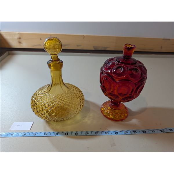Empoli Italian decanter, LE Smith Amberina Moon & Stars pedestal dish (has damage on lid and base)